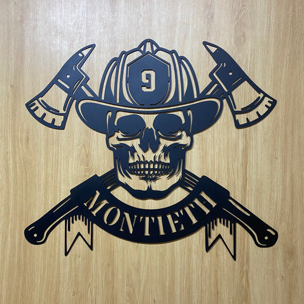 Personalized Firefighter Skull Metal Sign, Skull Fireman Metal Wall Hanging, Custom Fire Department Metal Wall Art, Firefighter Metal Name Sign