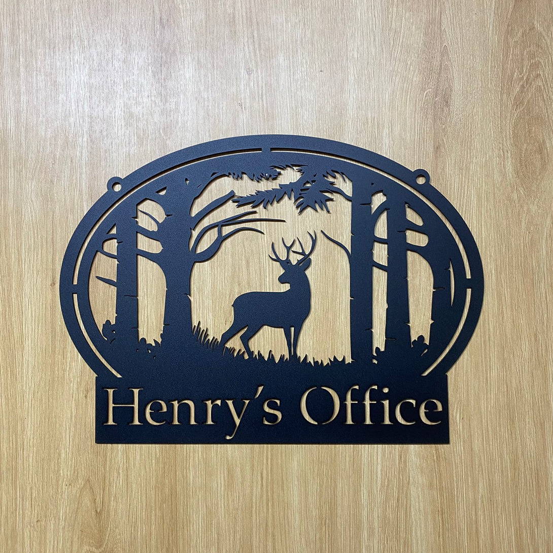 Personalized Deers Forest Metal Wall Art, Custom Forest Deer Hunting Metal Cabin Sign, Customized Family Name Monogram Metal Name Sign