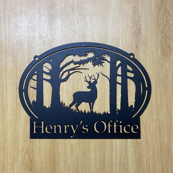 Personalized Deers Forest Metal Wall Art, Custom Forest Deer Hunting Metal Cabin Sign, Customized Family Name Monogram Metal Name Sign