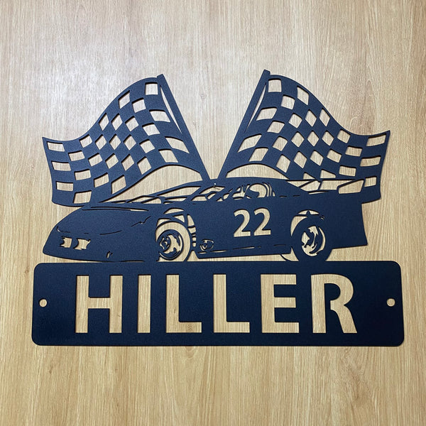 Personalized Racing Car Metal Wall Art, Checkered Racing Car Metal Sign, Car Racing Metal Wall Hanging, Car Racing Man Cave Garage Metal Wall Sign