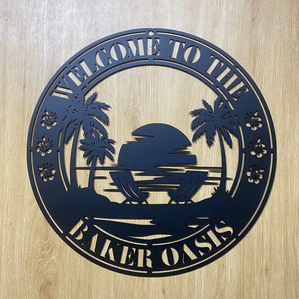 Custom Palm Tree Beach House Metal Wall Art, Personalized Sunset Beach Metal Name Sign, Poolside Tiki Bar Metal Wall Outdoor Decor