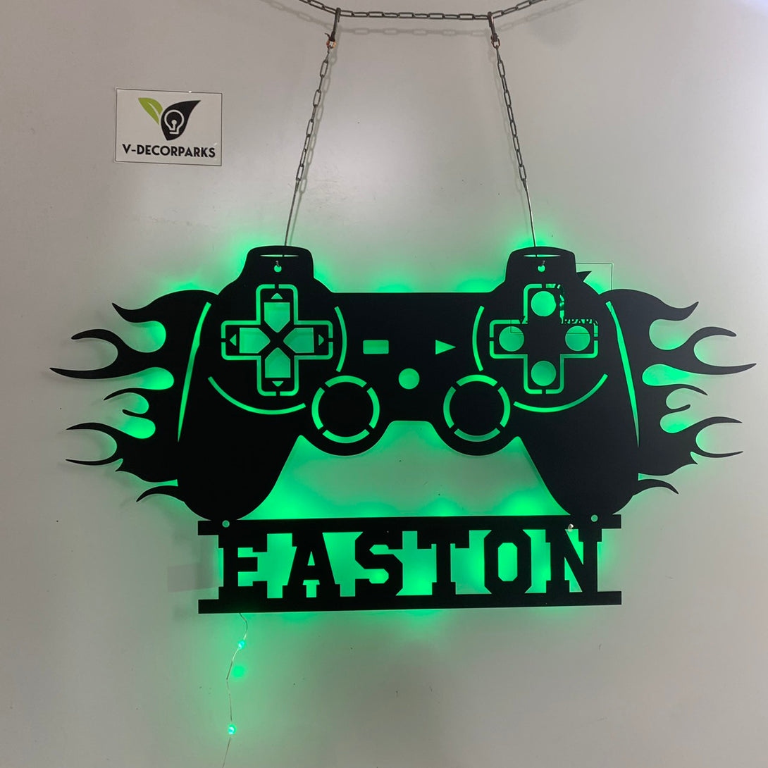 Custom Game Controller Metal Wall Art With Led Lights, Personalized Gamer Name Metal Sign, Game Zone Kids Room Metal Wall Led Sign Decor
