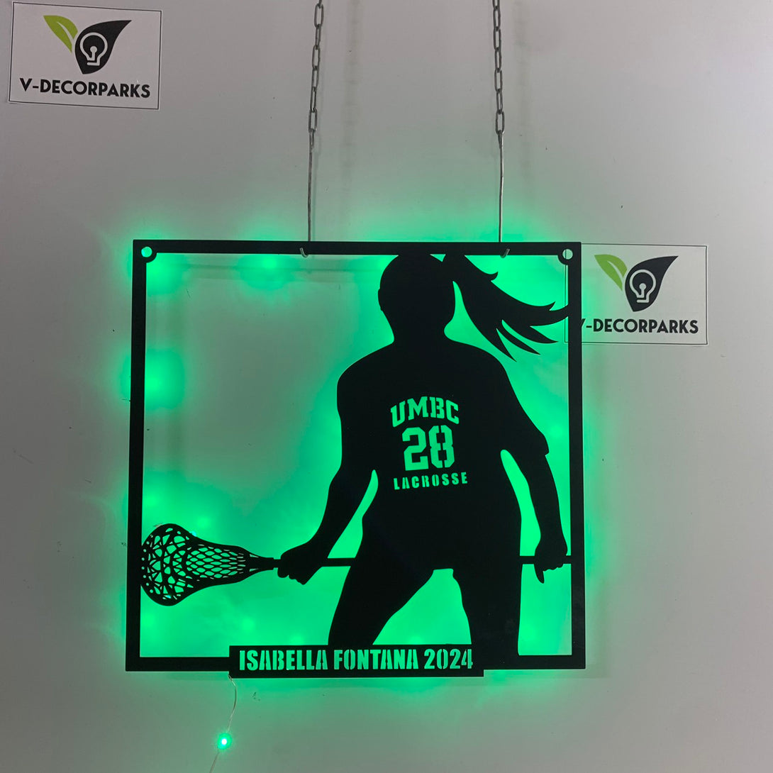 Custom Women's Lacrosse Metal Wall Art Led Lights, Personalized Lacrosse Player Metal Number Name Sign, Lacrosse Sport Metal Wall Sign Decor