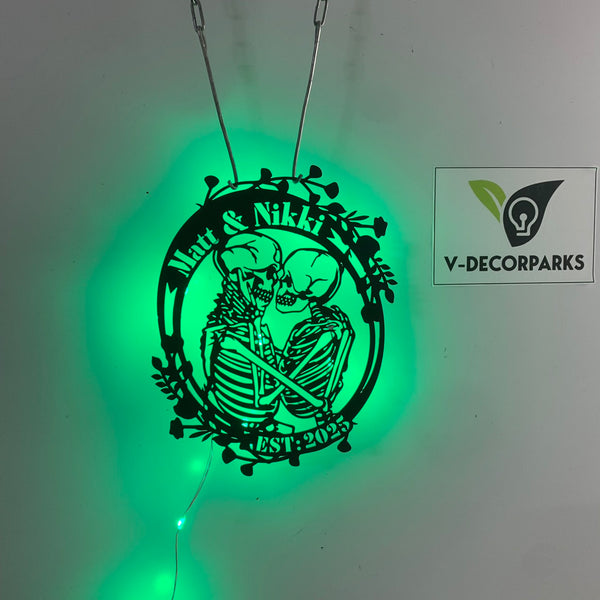 Custom Skeleton Couple Metal Sign Led Lights, Personalized Couple Skeleton Metal Wall Art, Soulmate Skulls Metal Art, Floral Skull Metal Wall Sign