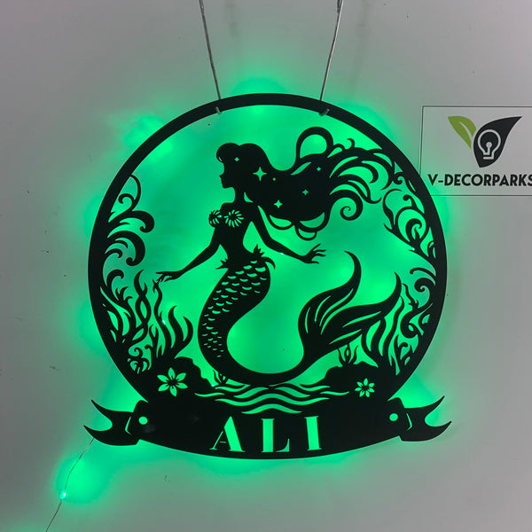 Custom Name Mermaid Metal Wall Art With Led Lights, Personalized Mermaid Metal Name Sign, Ocean Mermaid Wall Decor, Mermaid Beach House Metal Sign