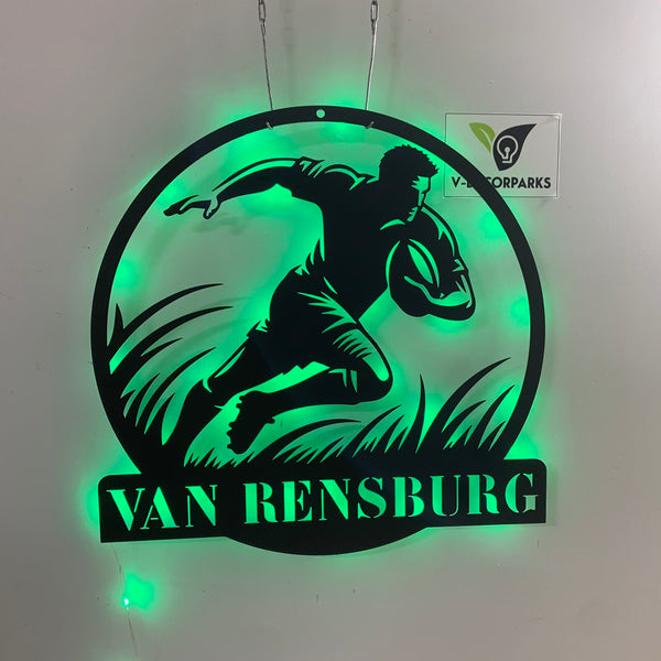 Custom Running Rugby Metal Wall Art Led Lights, Personalized Rugby Player Metal Name Sign, Rugby Sport Metal Home Decor, Rugby Dad Son Gift Metal Sign