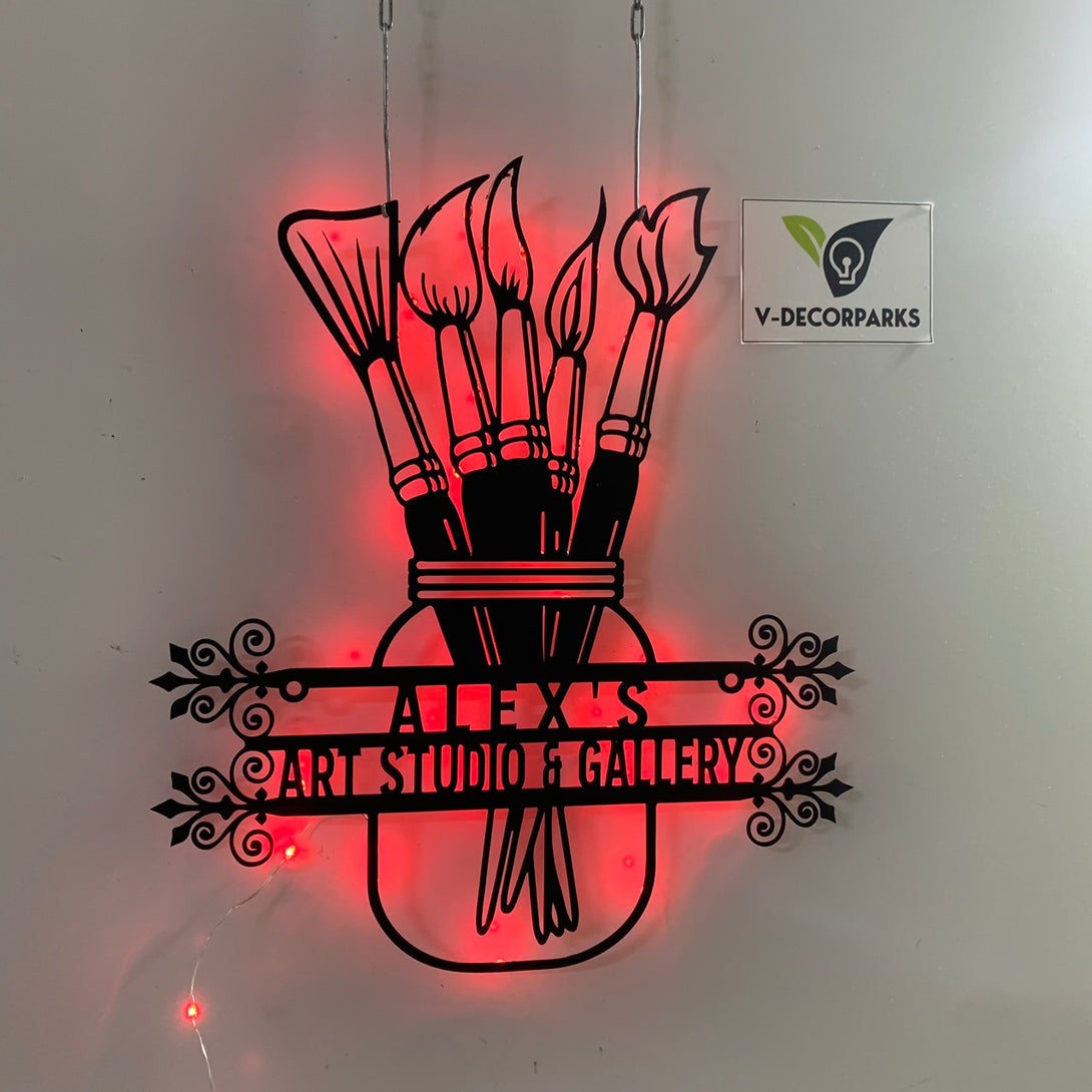 Custom Paintbrush Metal Wall Art Led Lights, Personalized Artist Metal Name Sign, Art Studio Gallery Metal Wall Decor, Custom Painting Room Metal Sign