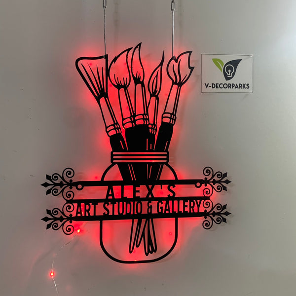 Custom Paintbrush Metal Wall Art Led Lights, Personalized Artist Metal Name Sign, Art Studio Gallery Metal Wall Decor, Custom Painting Room Metal Sign