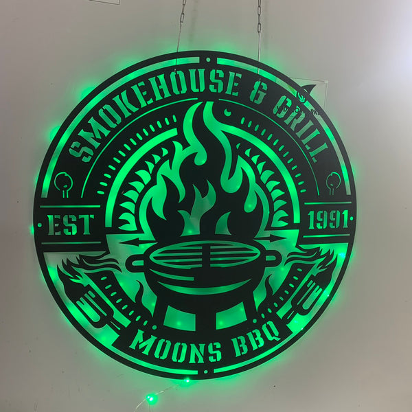 Custom Smokehouse & Grill Backyard Metal Sign Led Lights, Personalized Barbecue Metal Wall Art, Grill Bar Sign Metal Decor, Bbq Backyard Metal Sign