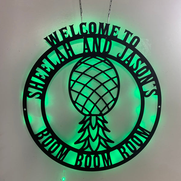 Custom Upside Down Pineapple Metal Sign Led Lights, Personalized Family Name Monogram Metal Wall Art, Pineapple Tropical Fruits Metal Wall Sign Decor