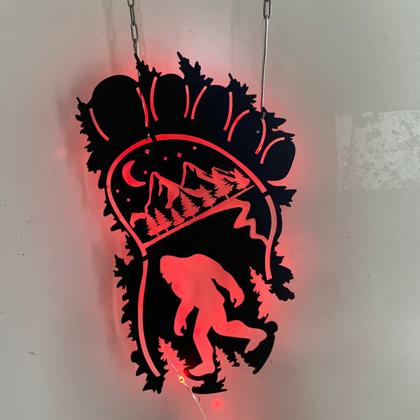 Forest Bigfoot Footprint Metal Wall Art Led Lights, Walking Bigfoot Metal Sign, Sasquatch Footprint Metal Wall Hanging, Bigfoot Man Cave Metal Decor