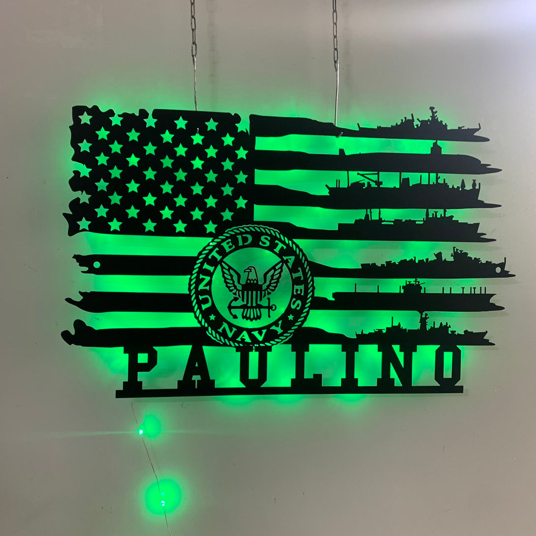 Personalized Us Flag Navy Ships Metal Sign Led Light, American Flag Navy Ship Metal Wall Decor, Navy Ship Metal Art, Us Navy Veterans Metal Name Sign