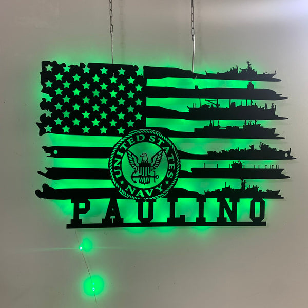 Personalized Us Flag Navy Ships Metal Sign Led Light, American Flag Navy Ship Metal Wall Decor, Navy Ship Metal Art, Us Navy Veterans Metal Name Sign