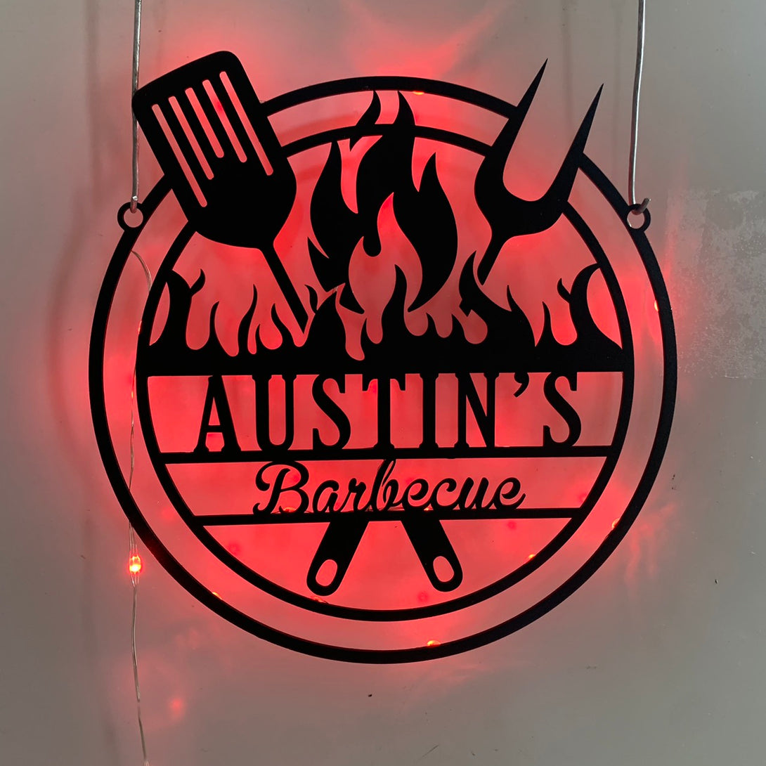 Personalized Barbecue Metal Wall Art Led Lights, Custom Grill Bar Backyard Metal Sign, Barbecue Backyard Metal Signs, Chill & Grill Metal Sign Decor