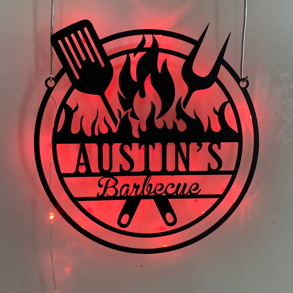 Personalized Barbecue Metal Wall Art Led Lights, Custom Grill Bar Backyard Metal Sign, Barbecue Backyard Metal Signs, Chill & Grill Metal Sign Decor