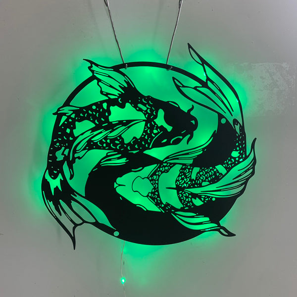 Yin Yang Koi Fishs Metal Wall Art Led Lights, Koi Fish Metal Sign, Koi Fish Metal Wall Hanging, Metal Yin Yang Koi Fish Home Kitchen Sign