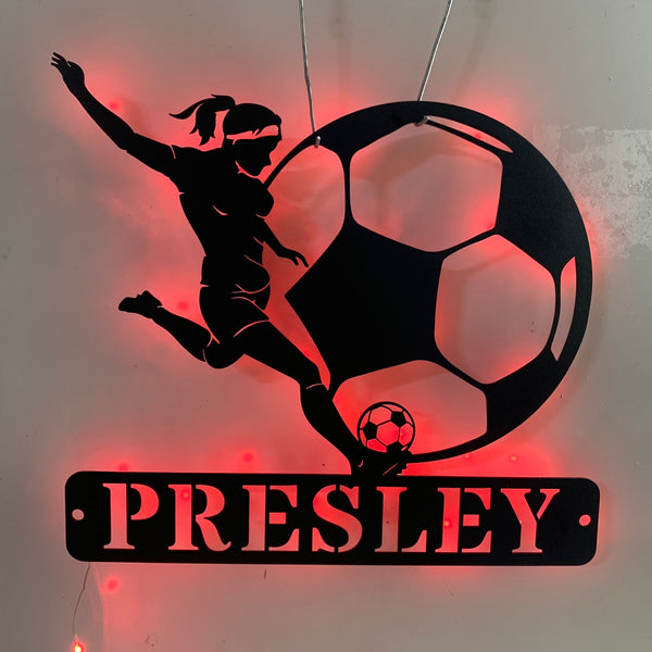Personalized Female Soccer Player Metal Name Sign With Led Lights, Custom Football Player Metal Wall Art, Soccer Team Football Club Metal Wall Sign