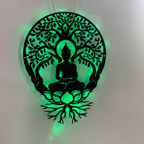 Buddha Tree Of Life Metal Wall Art Led Lights, Buddha Zen House Metal Sign, Spiritual Buddhism Metal Wall Art, Meditation Yoga Studio Metal Sign Decor