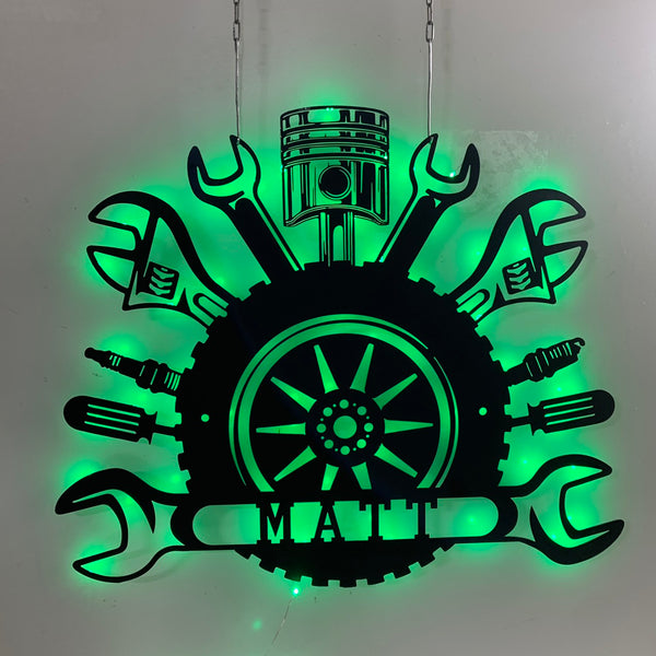 Custom Mechanic Tools Workshop Metal Wall Art Led Light, Personalized Handyman Metal Name Sign, Wrench Tools Garage Metal Sign, Workshop Man Cave Sign