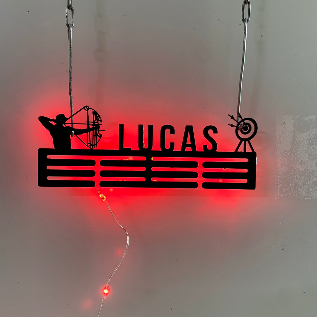 Personalized Archery Medal Holder Led Lights, Custom Metal Archer Name Medal Hanger, 12 Rungs For Medals & Ribbons, Archery Sport Tiered Award Rack