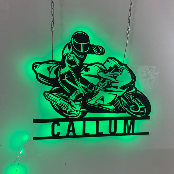 Custom Motorcycle Metal Wall Art Led Lights, Motorcycle Garage Metal Wall Hanging, Personalized Biker Name Metal Sign, Motorcycle Man Cave Wall Decor