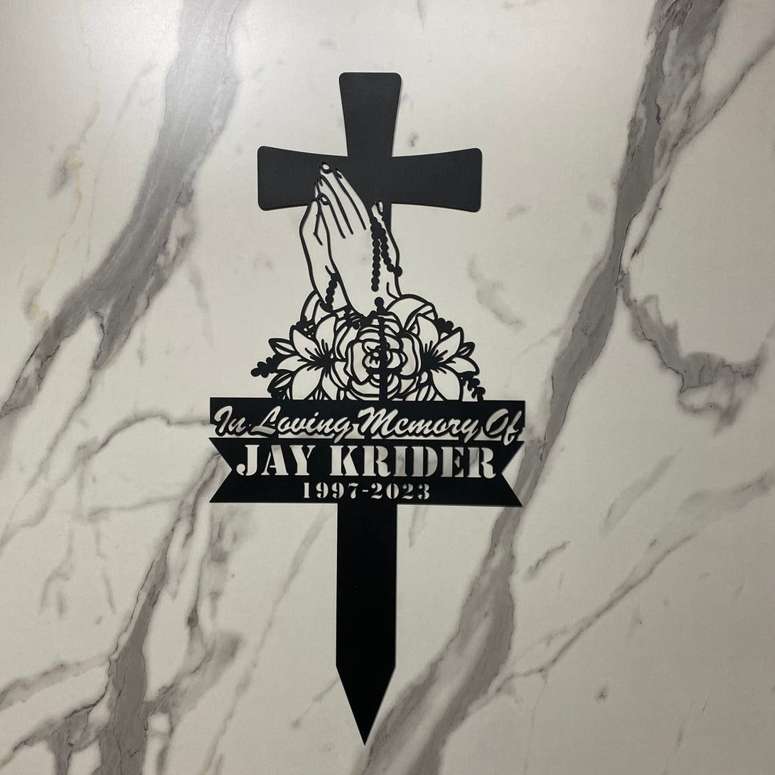 Custom Cross With Praying Hand Metal Stake, Religious Memorial Metal Garden Stake, Metal Cross Remembrance Sign, Christian Cross Metal Garden Sign