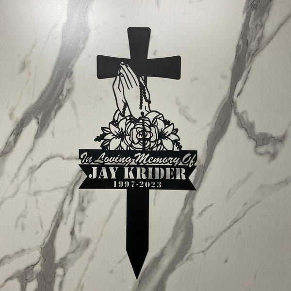 Custom Cross With Praying Hand Metal Stake, Religious Memorial Metal Garden Stake, Metal Cross Remembrance Sign, Christian Cross Metal Garden Sign