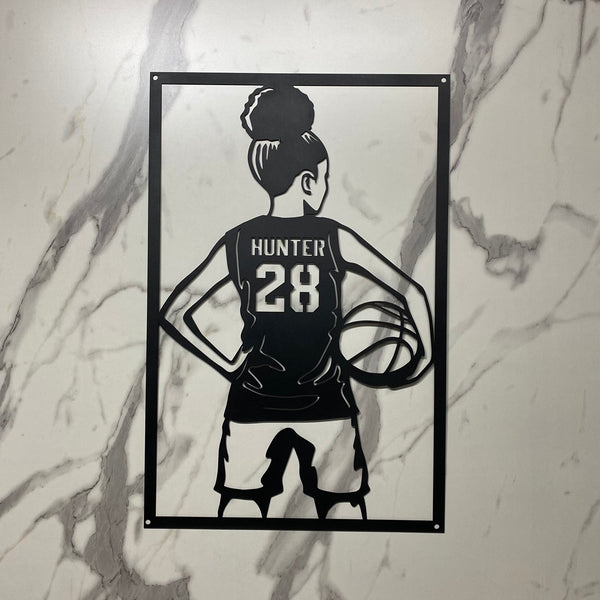 Personalized Female Basketball Metal Wall Art, Custom Name Number Basketball Player Metal Sign, Basketball Sports Kids Room Metal Wall Decor