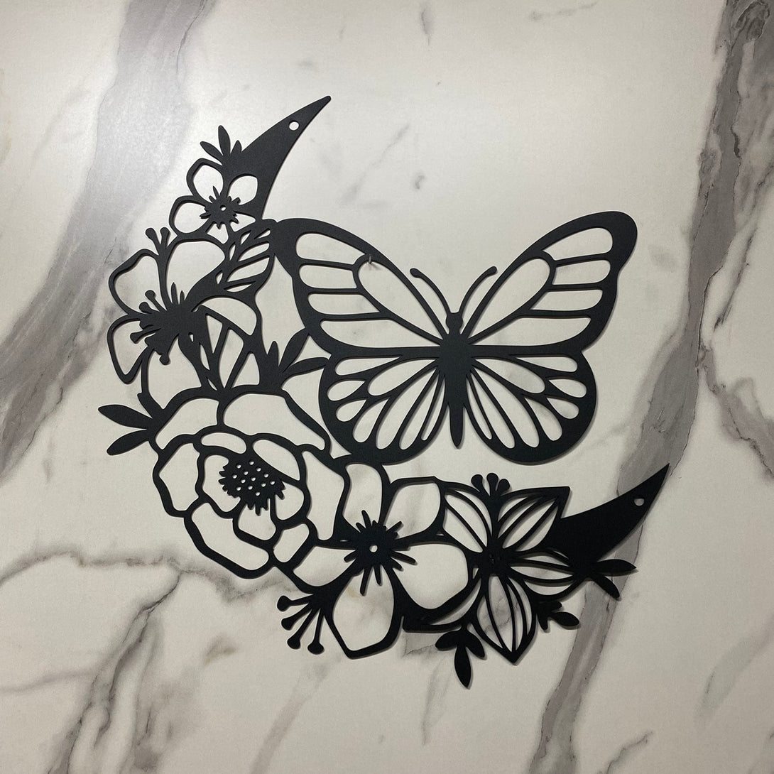 Butterfly With Flowers Metal Wall Art, Floral Moon Butterfly Metal Sign, Butterfly Metal Wall Hanging, Flowers Butterfly Metal Garden Yard Sign Decor