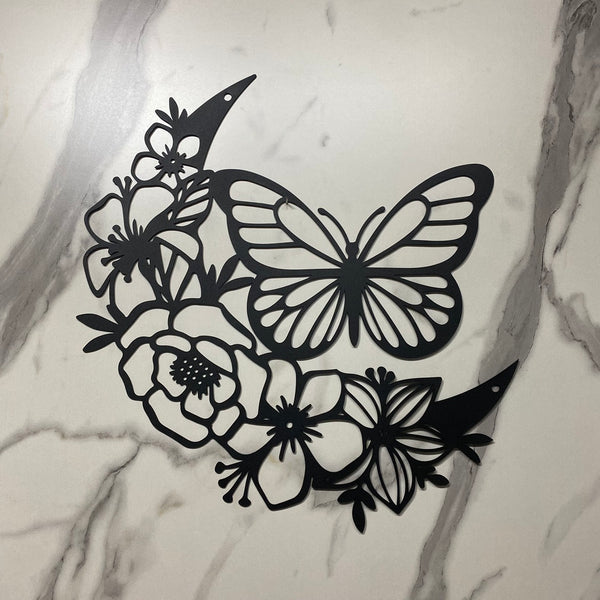 Butterfly With Flowers Metal Wall Art, Floral Moon Butterfly Metal Sign, Butterfly Metal Wall Hanging, Flowers Butterfly Metal Garden Yard Sign Decor