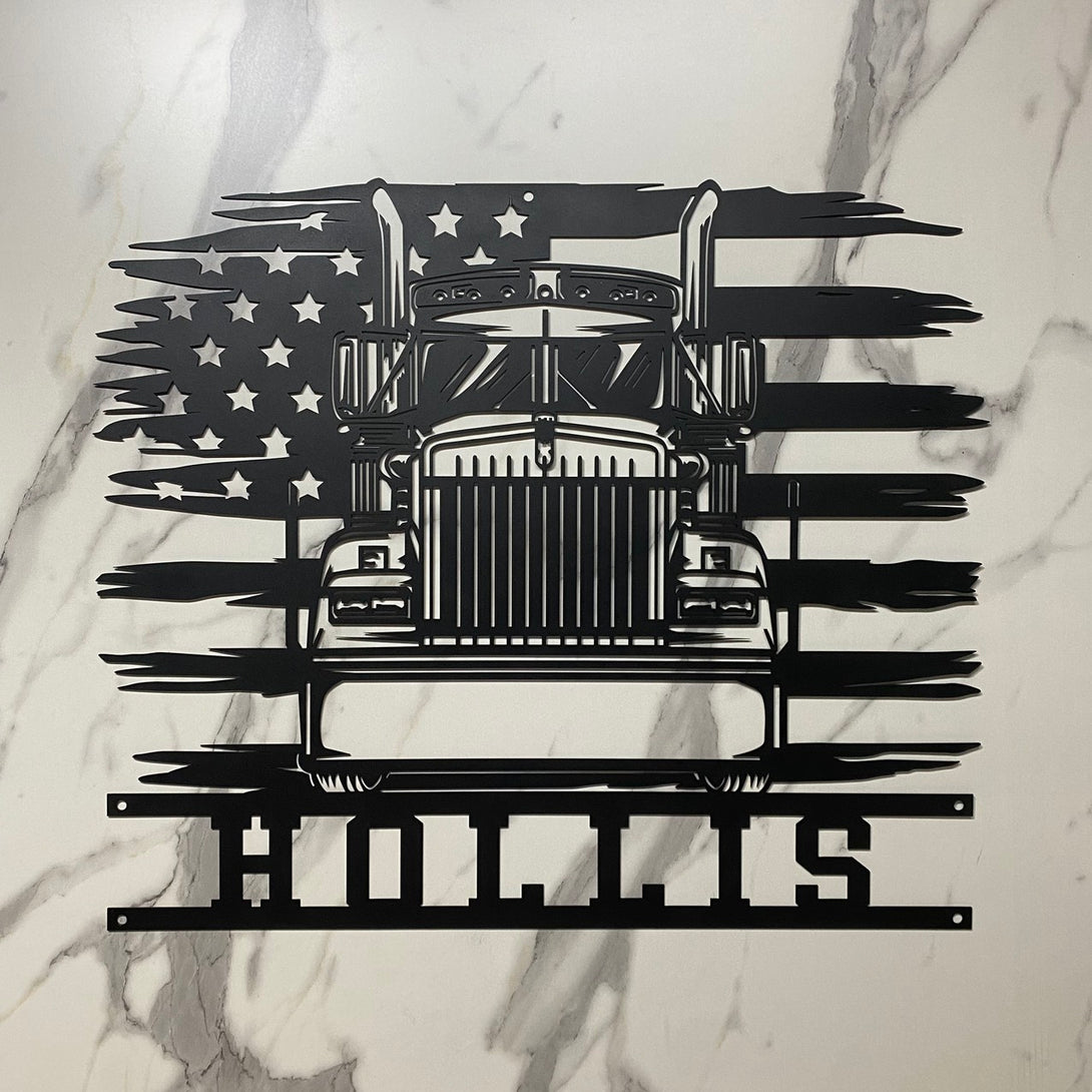 Custom Us Flag Semi Truck Metal Wall Art, Personalized Truck Driver Metal Name Sign, Semi Truck Driver Retirement Metal Sign, Truck Garage Metal Decor