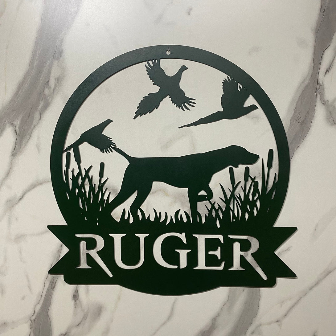 Custom Pheasant Dog Hunting Metal Wall Art, Personalized Dog Hunter Metal Name Sign, Pheasant Hunting Farm Cabin Metal Wall Sign