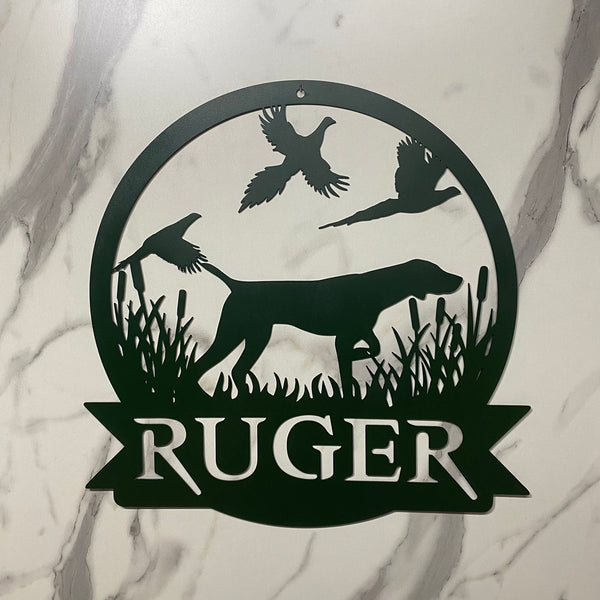 Custom Pheasant Dog Hunting Metal Wall Art, Personalized Dog Hunter Metal Name Sign, Pheasant Hunting Farm Cabin Metal Wall Sign