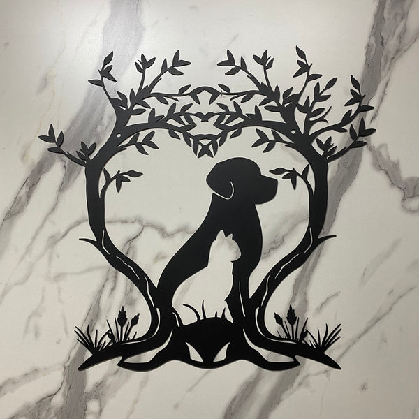 Custom Cat And Dog Heart Trees Metal Sign, Personalized Cat Dog Pet Clinic Metal Wall Art, Pet Lovers Living Room Metal Sign, Cat Dog Metal Decor