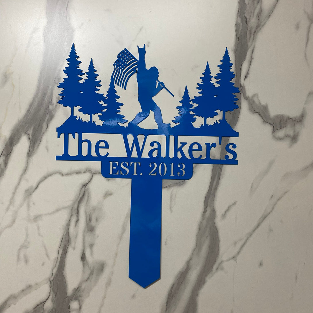 Custom Forest Bigfoot Garden Metal Stake, Us Flag Bigfoot Say Hi Metal Garden Stake, Personalized Gardener Name Metal Sign, Metal Garden Yard Sign