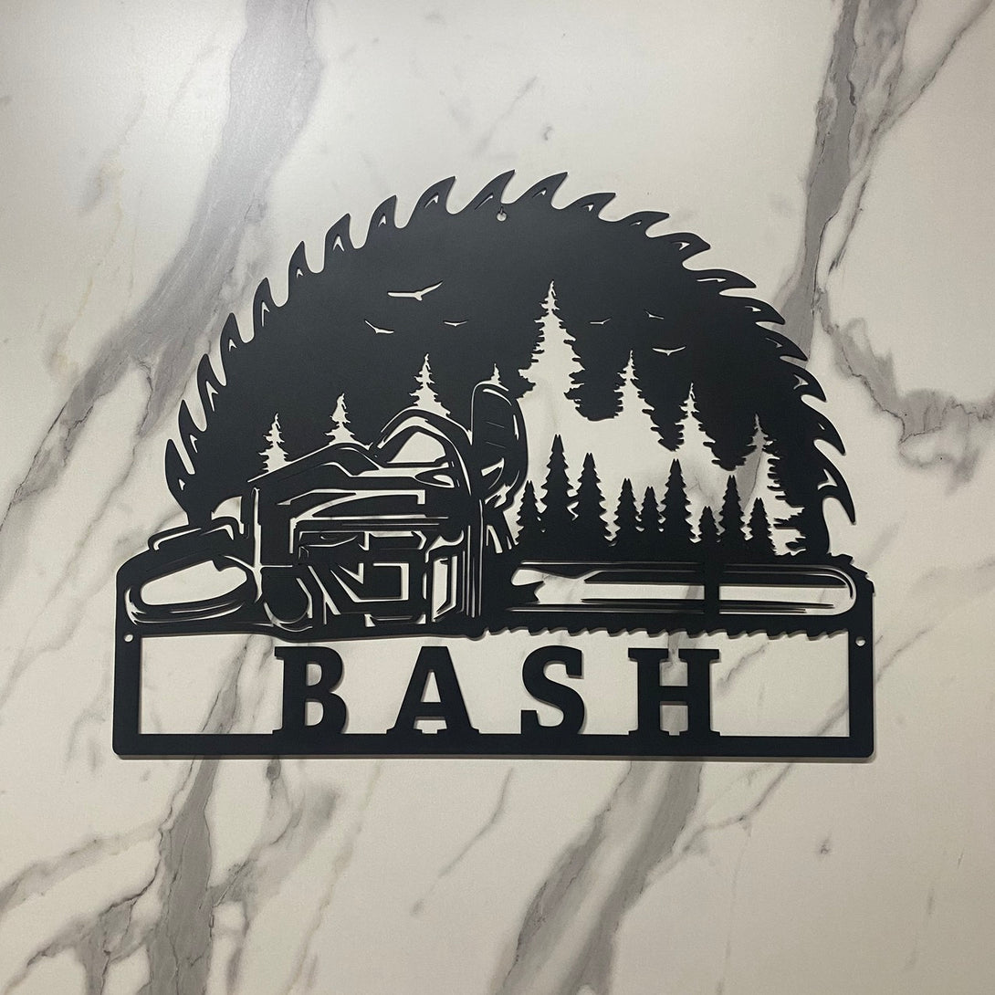 Personalized Chainsaw Wood Metal Wall Art, Custom Woodworker Metal Name Sign, Logger Name Metal Wall Hanging, Saw Blade Lumberjack Metal Sign