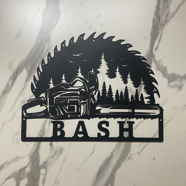 Personalized Chainsaw Wood Metal Wall Art, Custom Woodworker Metal Name Sign, Logger Name Metal Wall Hanging, Saw Blade Lumberjack Metal Sign