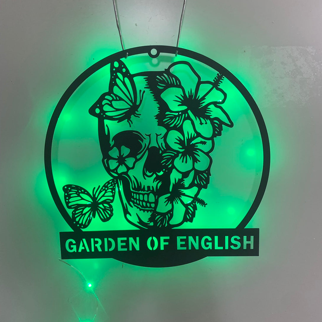 Custom Flower Skull With Butterfly Metal Wall Art Led Light, Personalized Floral Skull Metal Name Sign, Skull Metal Home Decor, Sugar Skull Metal Sign