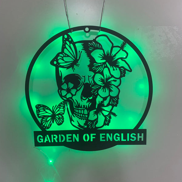 Custom Flower Skull With Butterfly Metal Wall Art Led Light, Personalized Floral Skull Metal Name Sign, Skull Metal Home Decor, Sugar Skull Metal Sign