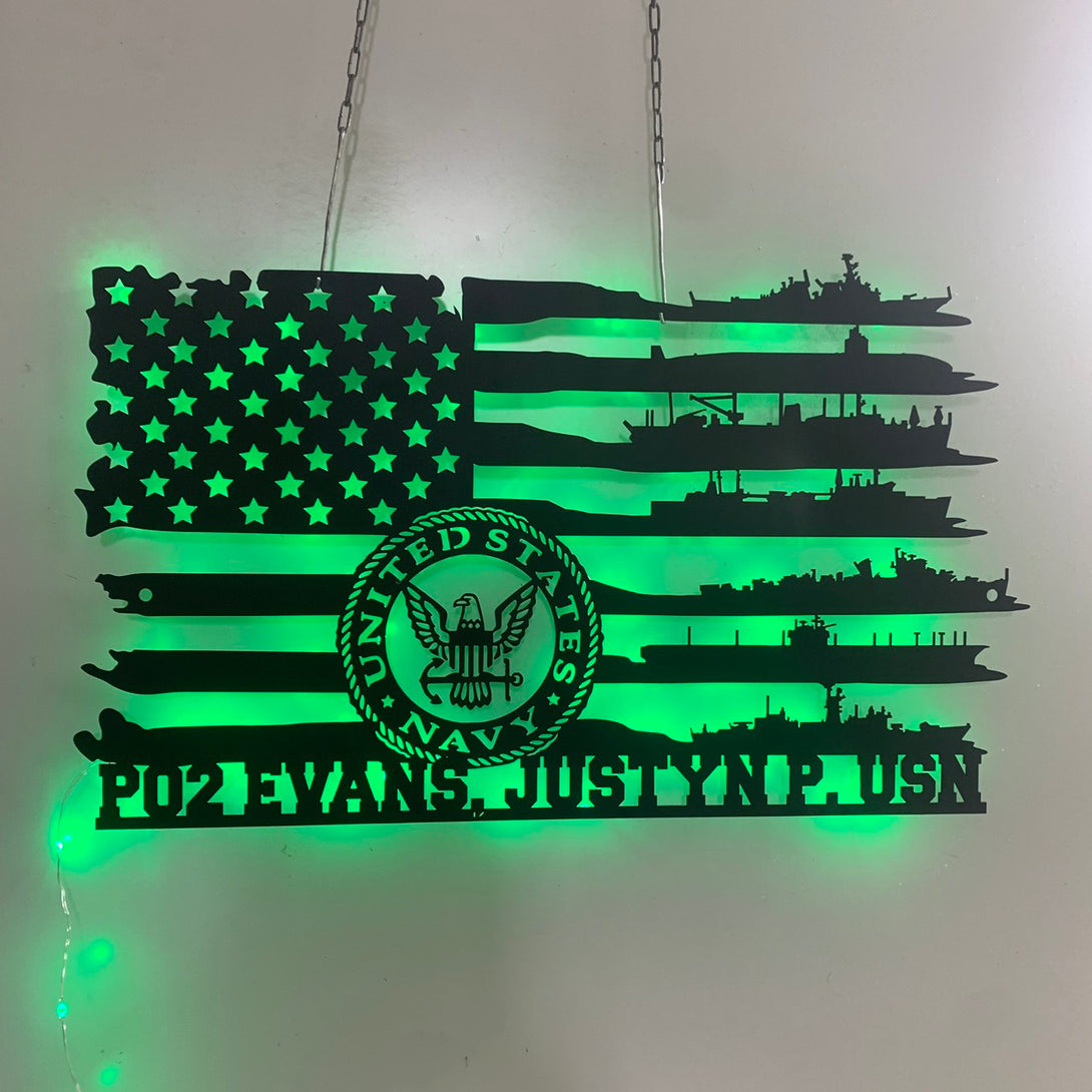 Personalized Us Flag Navy Ships Metal Sign Led Lights, American Flag Navy Ship Metal Wall Decor, Navy Memorabilia Wall Art, Us Navy Veteran Metal Sign