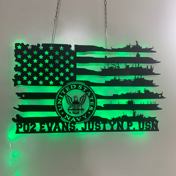 Personalized Us Flag Navy Ships Metal Sign Led Lights, American Flag Navy Ship Metal Wall Decor, Navy Memorabilia Wall Art, Us Navy Veteran Metal Sign