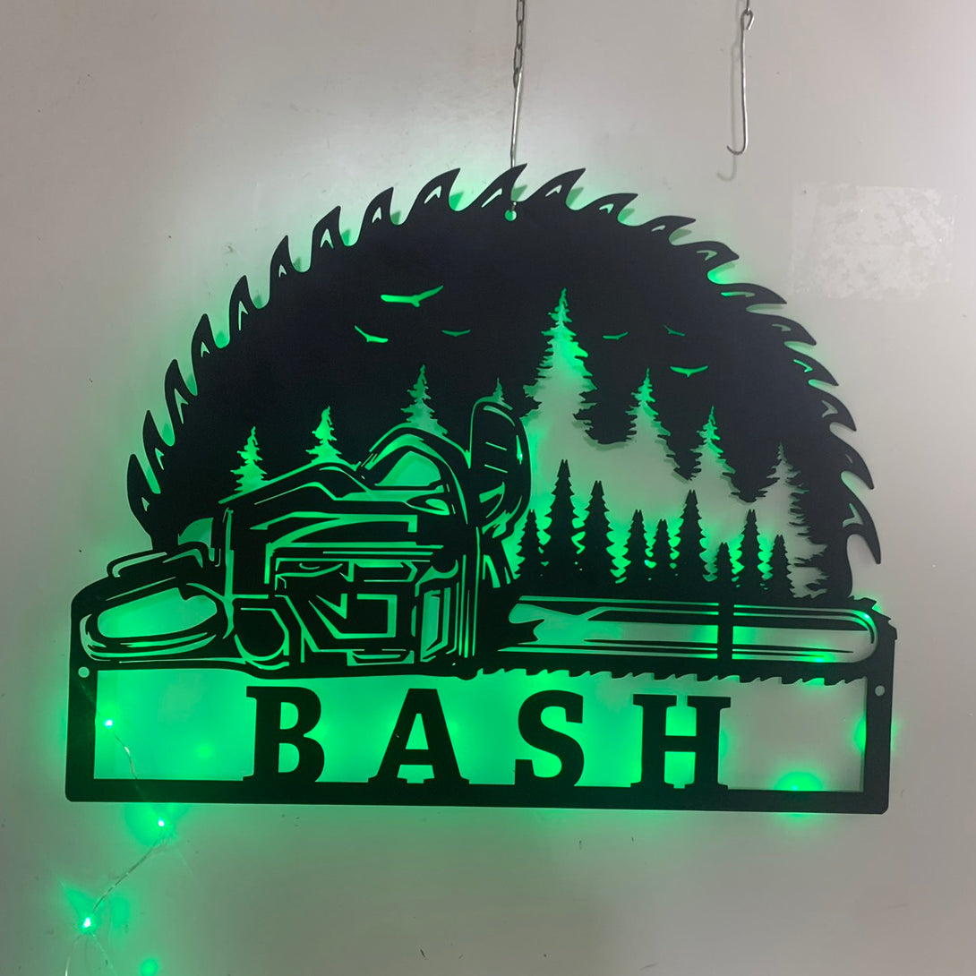 Personalized Chainsaw Wood Metal Sign Led Lights, Custom Woodworker Metal Name Sign, Logger Name Metal Wall Hanging, Saw Blade Lumberjack Metal Sign
