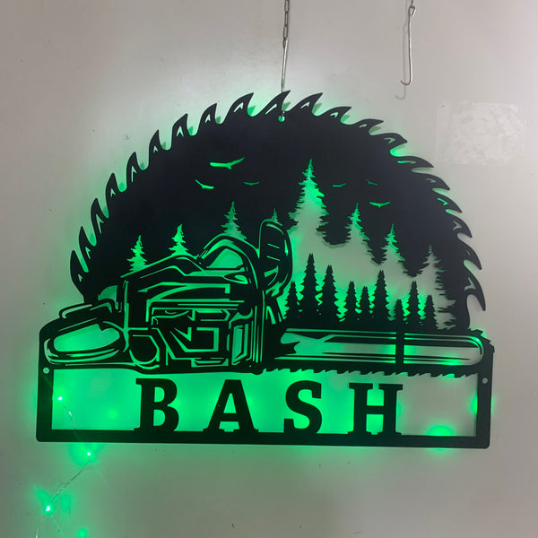 Personalized Chainsaw Wood Metal Sign Led Lights, Custom Woodworker Metal Name Sign, Logger Name Metal Wall Hanging, Saw Blade Lumberjack Metal Sign