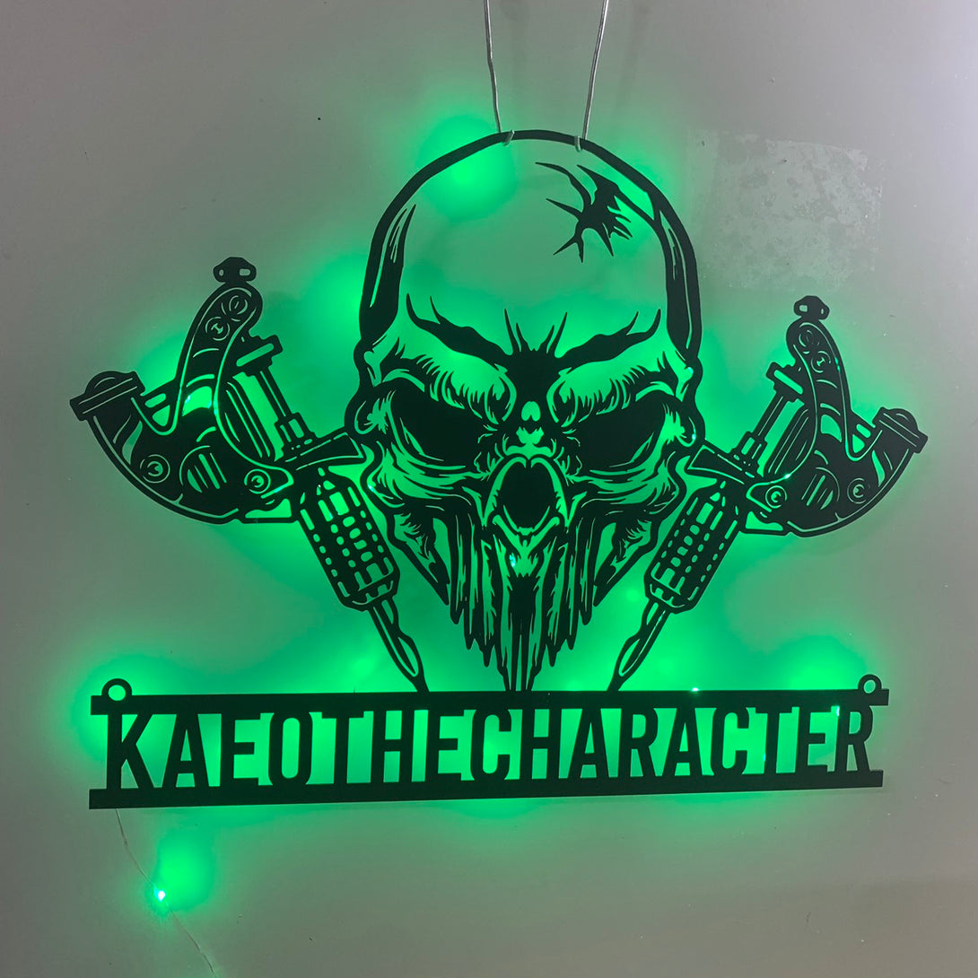 Custom Skull Tattoo Machine Metal Sign Led Lights, Tattoo Machine Metal Wall Art, Custom Tattoo Artist Name Sign, Tattoo Shop Metal Wall Hanging Decor