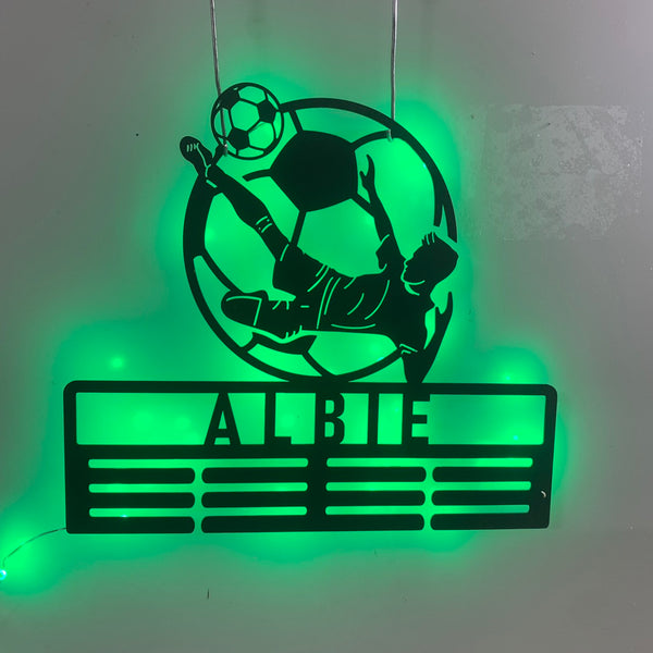 Custom Soccer Medal Holder Metal Sign With Led Lights, Personalized Football Player Name Medal Hanger, Soccer Medal Display Awards Metal Wall Sign