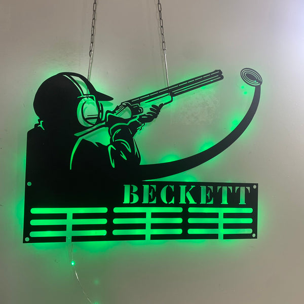 Custom Clay Pigeon Shooting Medal Hanger With Led Lights, Trap Shooting Tiered Award Rack Metal Wall Hanging, Display Rack For Award And Ribbon