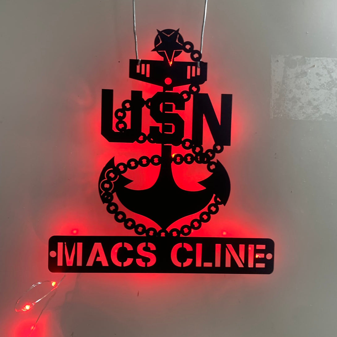 Custom Us Navy Anchor Badge Metal Wall Art Led Lights, Personalized Navy Anchor Sailor Metal Name Sign, Us Navy Veteran Metal Wall Sign Decor