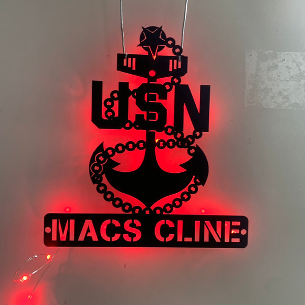Custom Us Navy Anchor Badge Metal Wall Art Led Lights, Personalized Navy Anchor Sailor Metal Name Sign, Us Navy Veteran Metal Wall Sign Decor