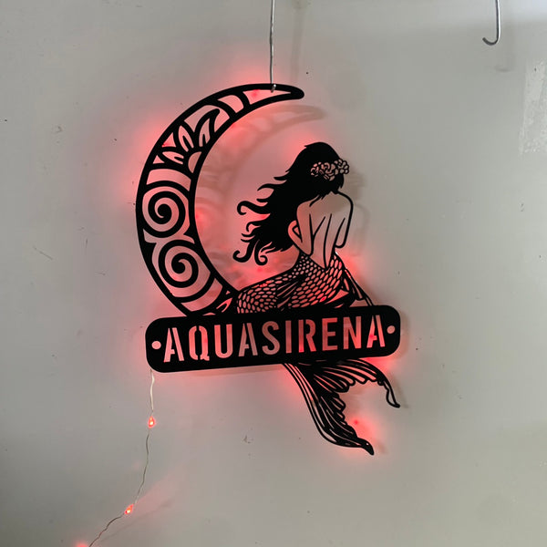 Custom Beautiful Mermaid On Moon Metal Sign Led Lights, Personalized Mermaid Metal Name Sign, Ocean Mermaid Wall Decor, Mermaid Beach House Metal Sign