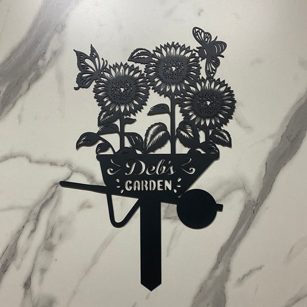 Personalized Sunflowers Wheelbarrow Metal Garden Stake, Custom Your Garden Name Sign, Flower Beds Metal Garden Decor, Outdoor Gardening Metal Yard Art